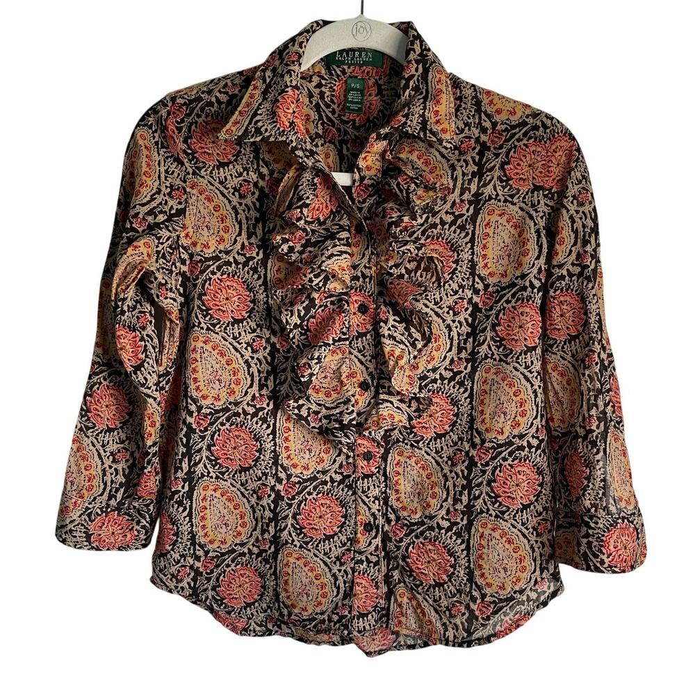 Lauren Ralph Lauren Ruffle Front Blouse Paisley 3/4 Sleeve Sz PS Cotton Feminine